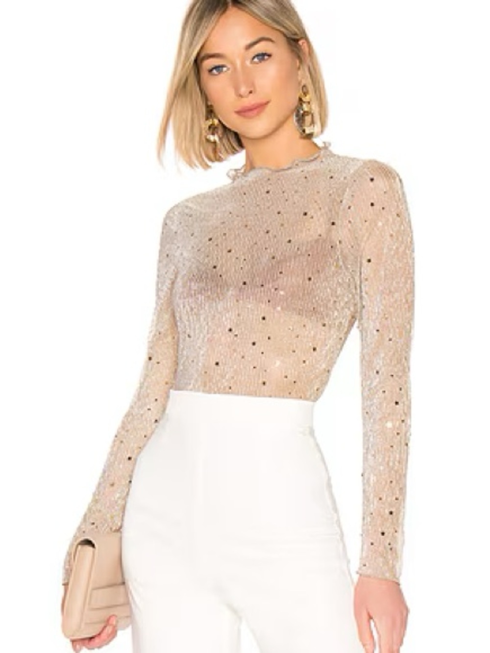 superdown Champagne Sequin Mesh Long-Sleeve Top